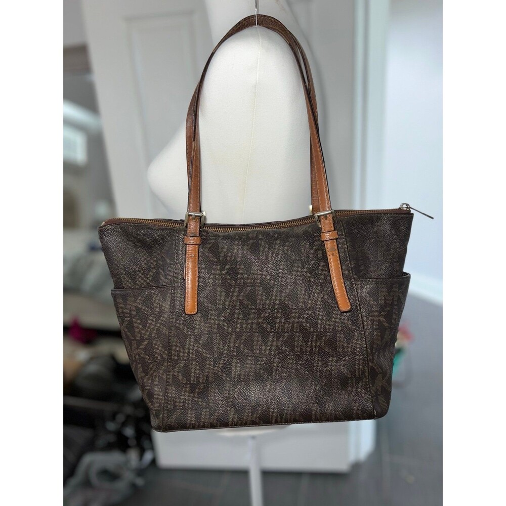 Michael Kors Dark Brown Signature Coated Canvas Jet Set Tote #319